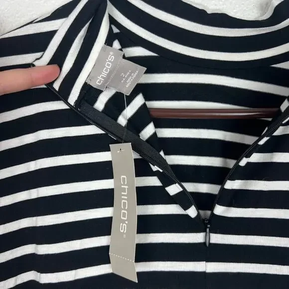 Chico’s Black White Stripe Mock Neck Long Sleeve Stretch Top Size 2 NWT - Picture 6 of 8